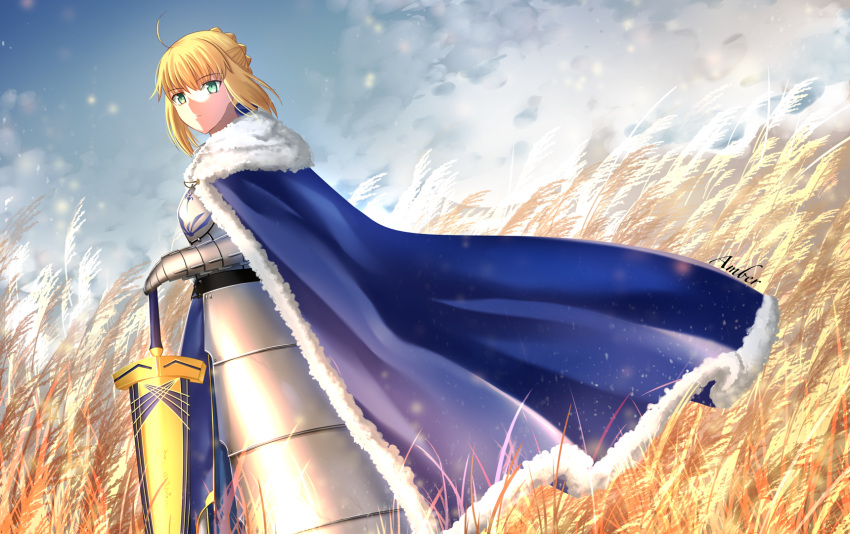 1girl ahoge amber_(pixiv17434571) artoria_pendragon_(all) avalon_(fate/stay_night) blonde_hair blue_ribbon breasts cleavage_cutout clothing_cutout excalibur_(fate/stay_night) fate/grand_order fate/stay_night fate_(series) green_eyes hair_bun hair_ribbon holding holding_weapon juliet_sleeves long_sleeves medium_breasts puffy_sleeves ribbon saber solo sword weapon