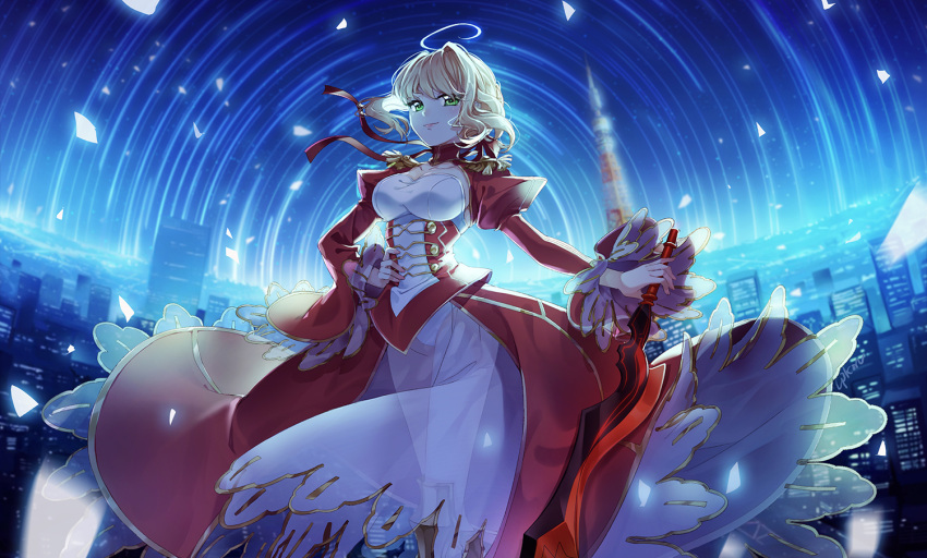 1girl aestus_estus ahoge blonde_hair braid breasts cleavage commentary_request cpkon dress epaulettes fate/extra fate/grand_order fate_(series) french_braid green_eyes hair_intakes hair_ribbon juliet_sleeves large_breasts long_sleeves nero_claudius_(fate) nero_claudius_(fate)_(all) puffy_sleeves red_dress red_ribbon ribbon saber_extra see-through solo sword weapon wide_sleeves