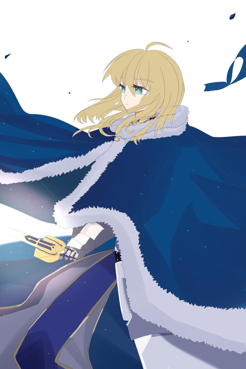 1girl ahoge artoria_pendragon_(all) blonde_hair blue_ribbon breasts cleavage_cutout clothing_cutout excalibur_(fate/stay_night) fate/grand_order fate/stay_night fate_(series) green_eyes hair_bun hair_ribbon holding holding_weapon hyzan juliet_sleeves long_sleeves medium_breasts puffy_sleeves ribbon saber solo sword weapon