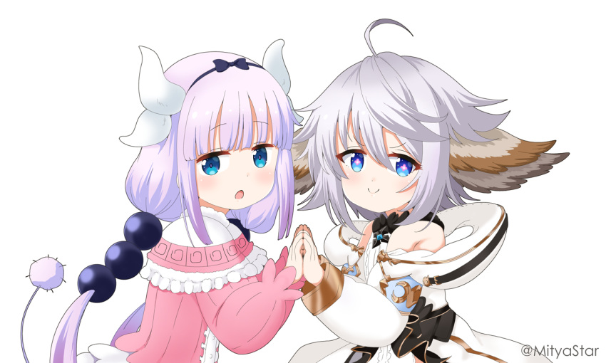 2girls ahoge bangs bare_shoulders black_bow black_hairband blue_eyes blunt_bangs bow capelet chestnut_mouth closed_mouth commentary_request crossover dragon_horns dress eyebrows_visible_through_hair flower-shaped_pupils granblue_fantasy grey_hair hair_between_eyes hair_bow hairband horns jacket kanna_kamui kobayashi-san_chi_no_maidragon long_hair long_sleeves low_twintails mitya multiple_girls off_shoulder open_clothes open_jacket open_mouth palms_together pink_dress pink_hair puffy_long_sleeves puffy_sleeves shirt simple_background sleeveless sleeveless_shirt smile symbol-shaped_pupils tail twintails twitter_username very_long_hair wamdus_(granblue_fantasy) white_background white_capelet white_jacket white_shirt