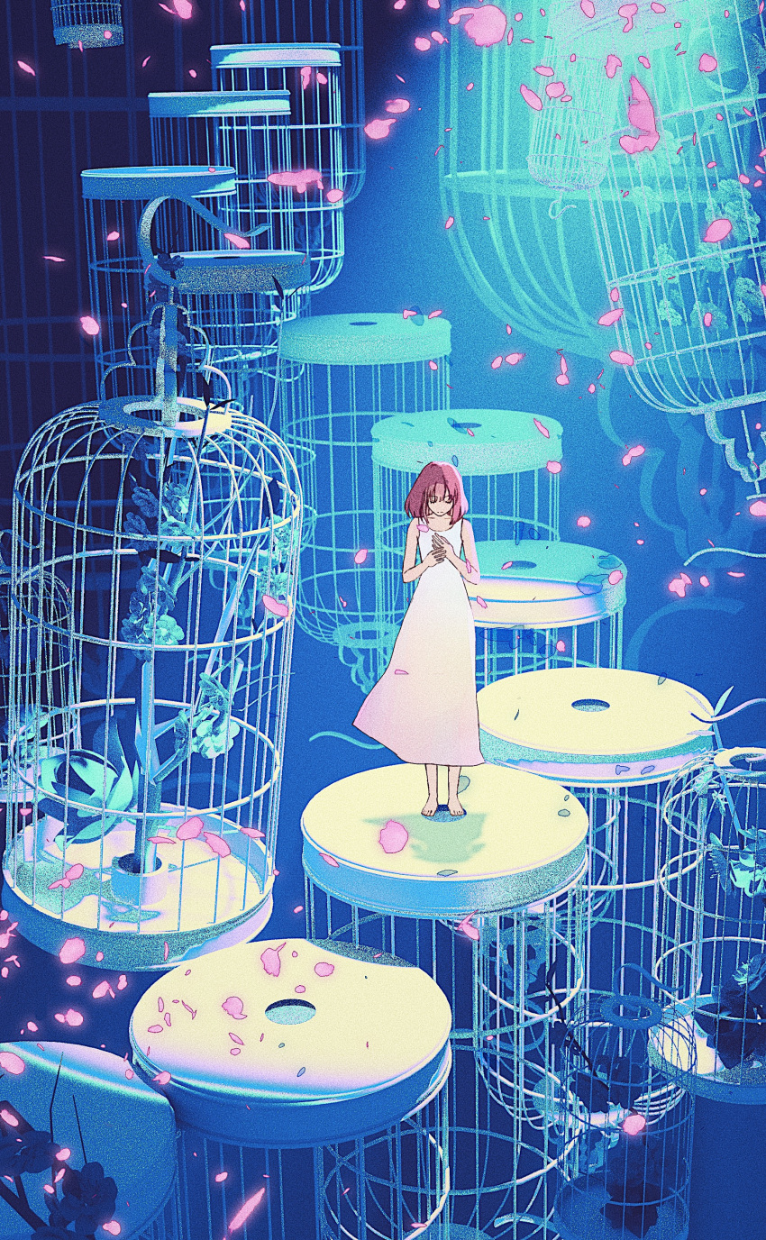 1girl absurdres barefoot branch cage chinese_commentary closed_eyes closed_mouth collarbone commentary dress eyebrows_visible_through_hair facing_viewer flower hands_on_own_chest highres maionese medium_hair original petals pink_hair sleeveless sleeveless_dress solo standing white_dress wide_shot