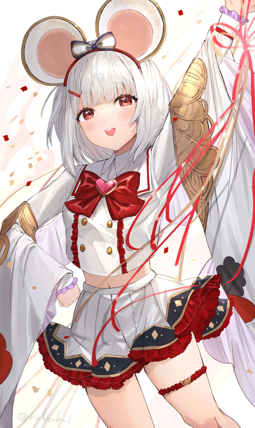 1girl :d absurdres animal_ears bangs blunt_bangs blush bow bowtie buttons collared_shirt cowboy_shot double-breasted eyebrows_visible_through_hair fake_animal_ears frilled_skirt frilled_sleeves frills gem granblue_fantasy hair_bow hair_ornament hairclip half-closed_eyes headband heart highres long_sleeves looking_at_viewer midriff_peek miniskirt mouse_ears nakonbu navel open_mouth pleated_skirt red_bow red_bowtie red_eyes red_headband shirt short_hair skirt smile solo standing striped striped_bow teeth thigh_strap twitter_username vikala_(granblue_fantasy) watermark white_hair white_shirt white_skirt wide_sleeves