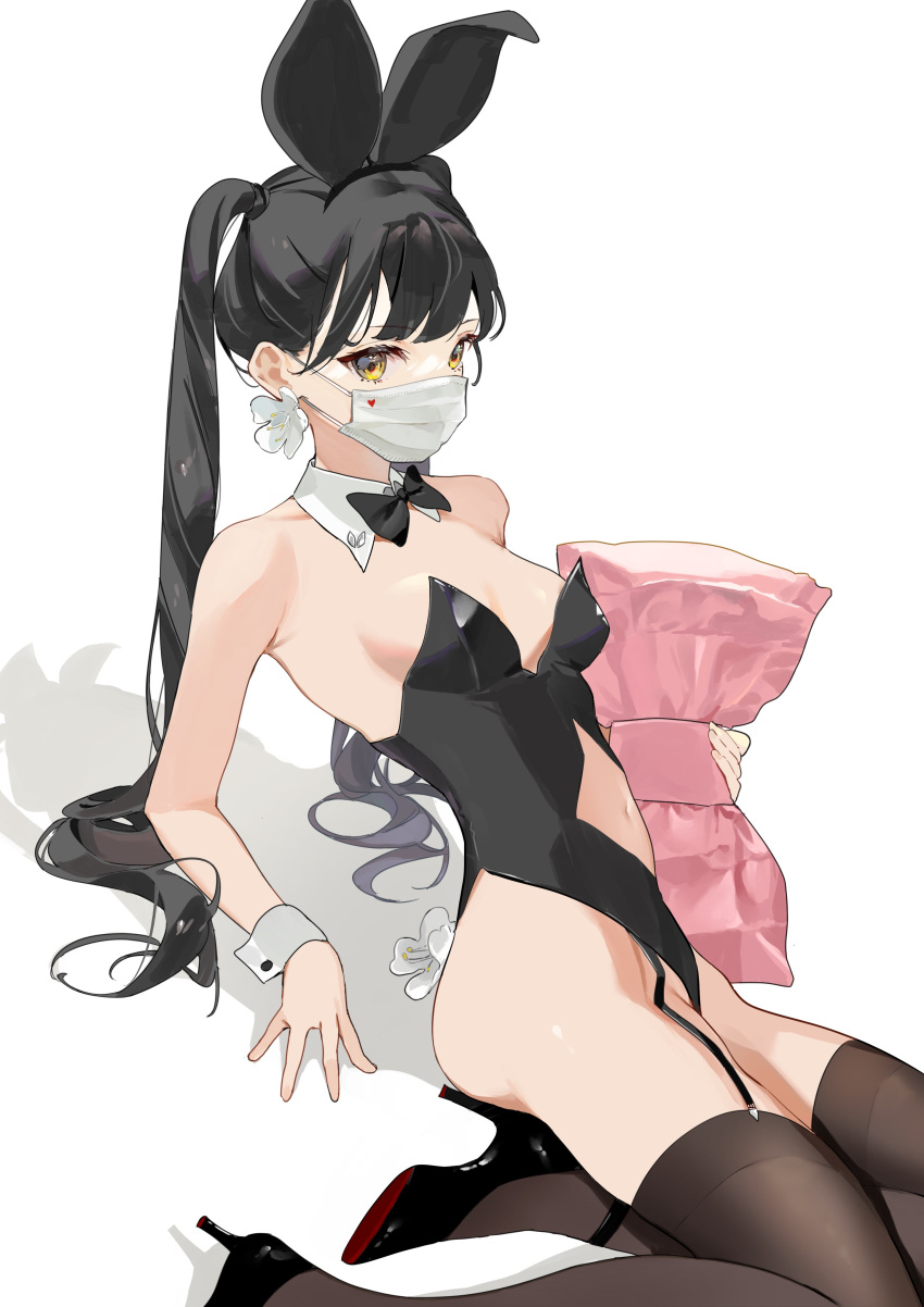1girl absurdres animal_ears bare_arms black_bow black_bowtie black_footwear black_hair black_legwear black_leotard bow bowtie breasts clothing_cutout commentary covered_mouth detached_collar earrings fake_animal_ears flower flower_earrings full_body garter_straps heart high_heels highres jewelry leotard long_hair mask mikanoisi mouth_mask navel navel_cutout original pink_bow playboy_bunny rabbit_ears reclining shadow simple_background small_breasts solo strapless strapless_leotard surgical_mask thigh-highs thighs twintails white_background white_flower white_mask wrist_cuffs yellow_eyes
