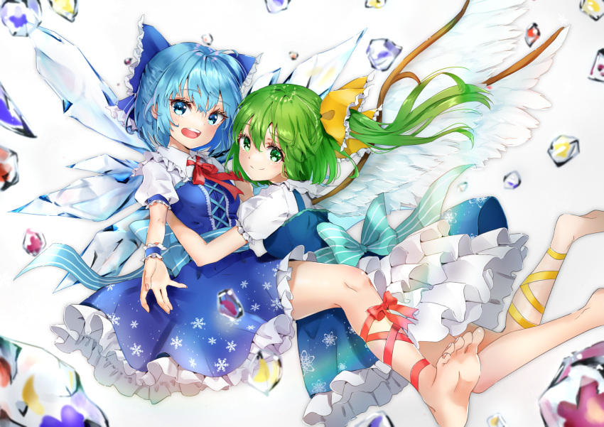 2girls barefoot blue_bow blue_dress blue_eyes blue_hair blush bow cirno closed_mouth collared_shirt daiyousei dress eyebrows_visible_through_hair fairy fairy_wings frilled_dress frilled_shirt_collar frills green_eyes green_hair hair_between_eyes hair_bow highres ice ice_wings long_hair multiple_girls open_mouth puffy_short_sleeves puffy_sleeves shironeko_yuuki shirt short_hair short_sleeves side_ponytail smile teeth touhou upper_teeth white_shirt wings