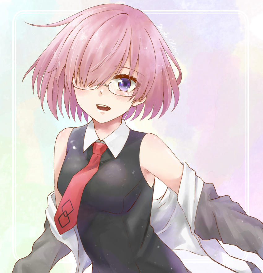 1girl bangs bare_shoulders black-framed_eyewear black_dress blush breast_pocket breasts collar collared_dress dress fate/grand_order fate_(series) glasses grey_jacket hair_behind_ear hair_over_one_eye hina_(pixiv19324046) jacket mash_kyrielight medium_breasts necktie pink_hair pleated_dress pocket red_neckwear short_hair sleeveless sleeveless_dress solo undressing violet_eyes wet wet_clothes wet_dress wet_hair wet_jacket white_background white_collar wing_collar