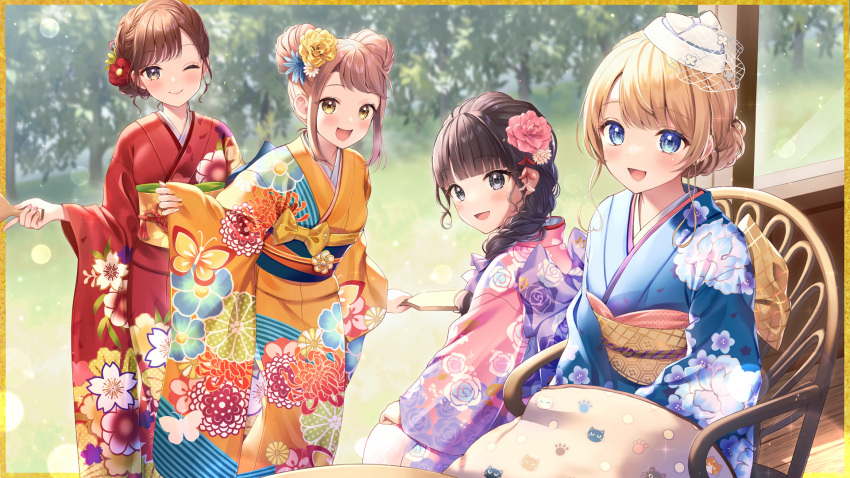 :d bangs black_eyes black_hair blonde_hair blush bow braid brown_eyes closed_mouth double_bun eyebrows eyebrows_visible_through_hair flower hair_bow hair_flower hair_ornament hair_ribbon happy_new_year hat highres holding japanese_clothes kimono long_hair long_sleeves looking_at_viewer looking_back momoshiki_tsubaki multiple_girls new_year obi one_eye_closed open_mouth original purple_bow purple_ribbon ribbon sash short_hair sitting sleeves_past_wrists smile standing swept_bangs white_headwear wide_sleeves yellow_eyes
