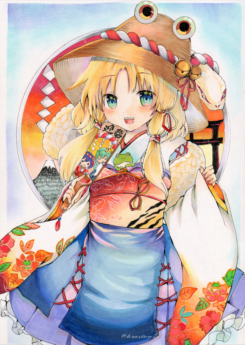 1girl :d absurdres alternate_costume blonde_hair blue_eyes blush cowboy_shot frog hat highres holding holding_paddle kochiya_sanae leaf_print long_hair looking_at_viewer mishaguji moriya_suwako new_year paddle rope shimenawa sleeves_past_wrists smile snake solo torajirou_(toraneko_zirou) touhou traditional_media wide_sleeves yasaka_kanako