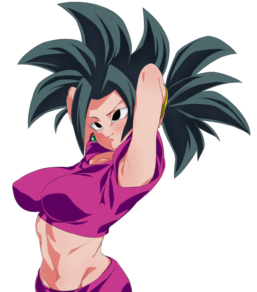 1girl arms_up black_hair breasts closed_mouth crop_top dragon_ball dragon_ball_super earrings highres impossible_clothes jewelry kefla_(dragon_ball) large_breasts light_smile pants ponytail potara_earrings rom_(20) simple_background solo spiky_hair upper_body white_background