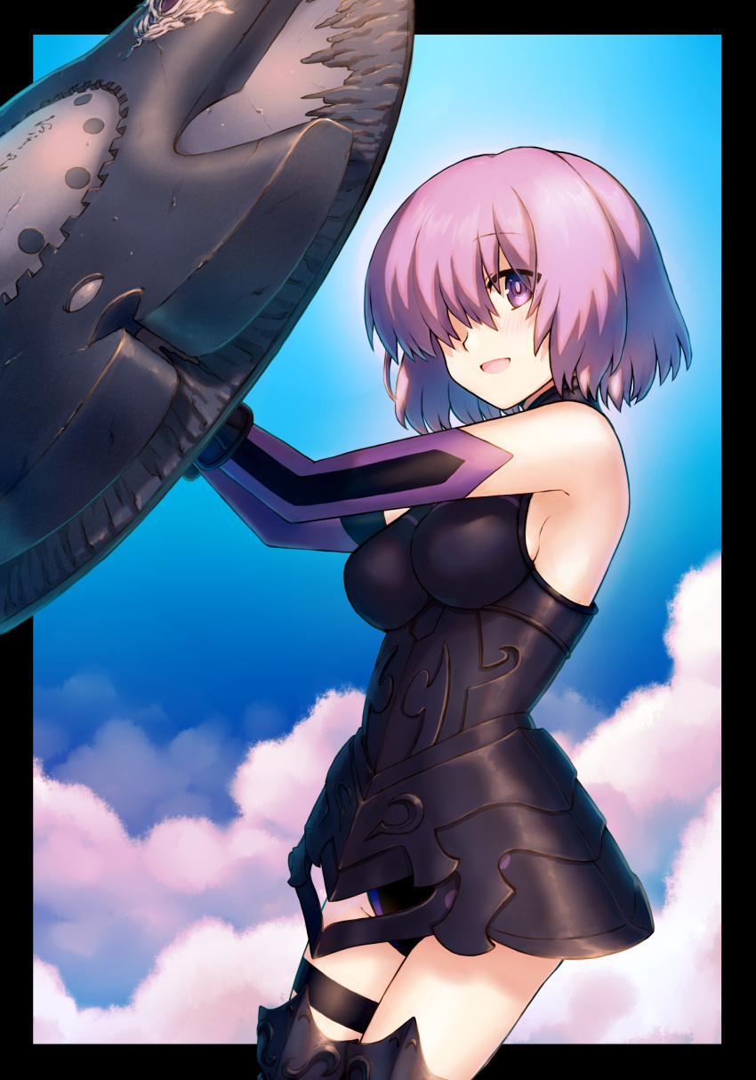 1girl armor bare_shoulders black_armor black_gloves breastplate closed_mouth clouds cloudy_sky commentary_request elbow_gloves eyebrows_visible_through_hair eyes_visible_through_hair fate/grand_order fate_(series) gloves grass hair_over_one_eye highres holding holding_shield holding_weapon light_purple_hair looking_at_viewer mash_kyrielight onigon out_of_frame outdoors pov purple_eyes purple_gloves shield shielder_(fate/grand_order) short_hair two-tone_gloves weapon