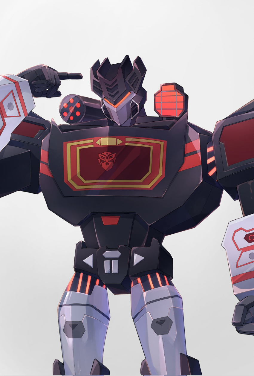 1boy armor black_armor cowboy_shot cropped_legs english_commentary evil evil_eyes expressionless highres hino_0190 male_focus mecha mercenary_(transformers) pause_button play_button red_eyes shoulder_cannon soundblaster symbol transformers transformers_cyberverse white_background