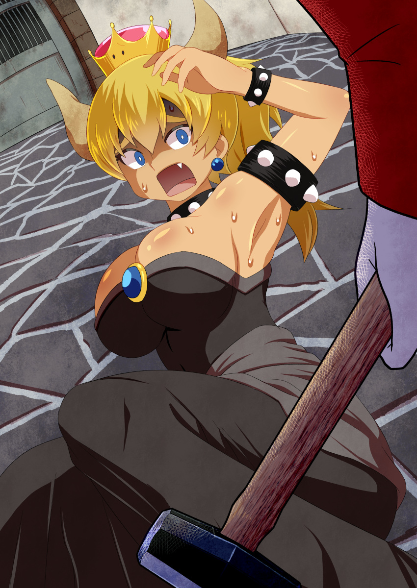 1boy 1girl absurdres armlet armpits bangs black_collar black_dress blonde_hair blue_eyes bowsette bracelet breasts cobblestone collar commentary_request dress earrings fang feet_out_of_frame gloves hammer highres holding holding_hammer horns jewelry large_breasts long_dress long_hair long_sleeves looking_at_another mario new_super_mario_bros._u_deluxe open_mouth red_shirt scared shirt spiked_armlet spiked_bracelet spiked_collar spikes strapless strapless_dress super_crown super_mario_bros. suyarou sweat upper_body white_gloves