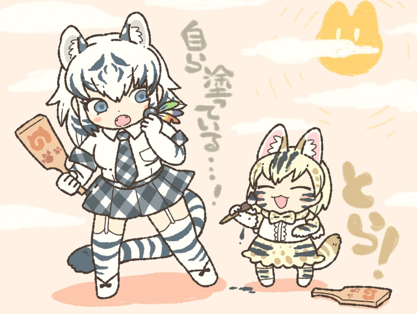 2girls :3 animal_ears animal_print bare_shoulders black_hair blonde_hair blue_eyes bow bowtie cat_ears cat_girl cat_tail child closed_eyes collared_shirt commentary_request elbow_gloves extra_ears eyebrows_visible_through_hair facepaint fangs garter_straps gloves grey_necktie grey_skirt high-waist_skirt highres japari_symbol kemono_friends kuro_shiro_(kuro96siro46) multicolored_hair multiple_girls necktie open_mouth plaid plaid_necktie plaid_skirt plaid_trim pleated_skirt print_bow print_bowtie print_gloves print_legwear print_skirt serval_print shirt short_sleeves skirt sleeveless tail thigh-highs tiger tiger_ears tiger_girl tiger_print tiger_stripes tiger_tail translation_request two-tone_hair white_hair white_serval_(kemono_friends) white_tiger younger zettai_ryouiki