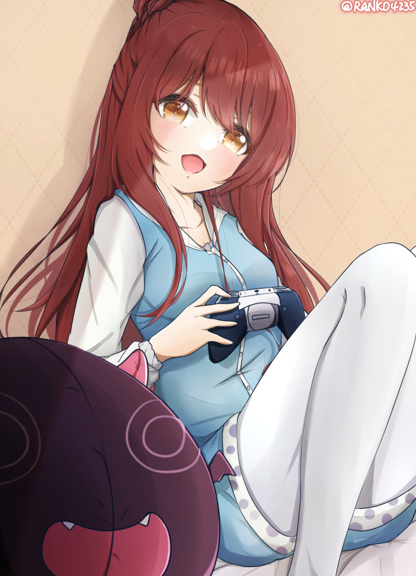 1girl ass bangs blush brown_eyes brown_hair commentary_request couch eyebrows_visible_through_hair feet_out_of_frame hair_over_one_eye handheld_game_console highres holding idolmaster idolmaster_shiny_colors indoors knees_up long_hair long_sleeves looking_at_viewer lying on_back on_couch oosaki_tenka pillow ranko4235 smile socks solo sparkle striped striped_legwear very_long_hair