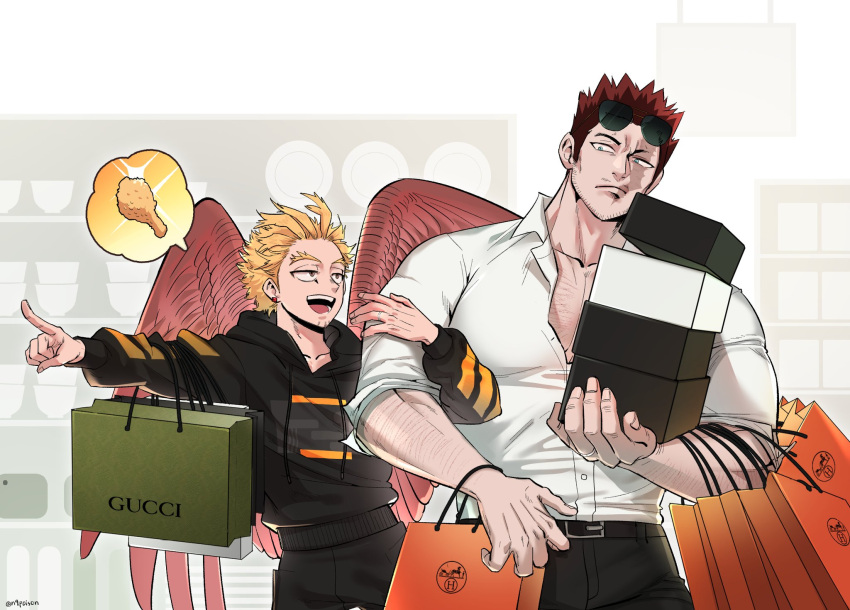 2boys bag beard blonde_hair boku_no_hero_academia box_stack burn_scar carrying_bag casual chest_hair earrings endeavor_(boku_no_hero_academia) facial_hair facial_mark feathered_wings flamecockforhwk goatee hawks_(boku_no_hero_academia) highres implied_yaoi jewelry locked_arms logo looking_at_another mature_male multiple_boys muscular muscular_male mustache partially_unbuttoned pectoral_cleavage pectorals pointing_to_the_side product_placement red_feathers redhead ring round_eyewear scar scar_across_eye scar_on_cheek scar_on_face scar_on_mouth shoebox shopping_bag short_hair sideburns size_difference spiky_hair spoken_food stubble stud_earrings sunglasses twitter_username unbuttoned unbuttoned_shirt underpec very_short_hair wedding_band wings