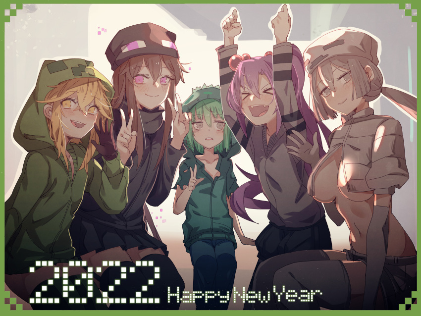 5girls absurdres at2. belt black_gloves black_jacket blonde_hair breasts brown_hair collarbone creeparka creeper cupa_(at2.) elbow_gloves enderman fangs flat_chest gloves green_hair green_hoodie grey_eyes grey_hair happy_new_year highres hood hoodie jacket long_hair medium_breasts minecraft miniskirt multiple_girls navel new_year personification purple_hair shorts skeleton_(minecraft) skirt spider_(minecraft) thigh-highs under_boob v violet_eyes waving yaebi_(at2.) yellow_eyes zombie_(minecraft)