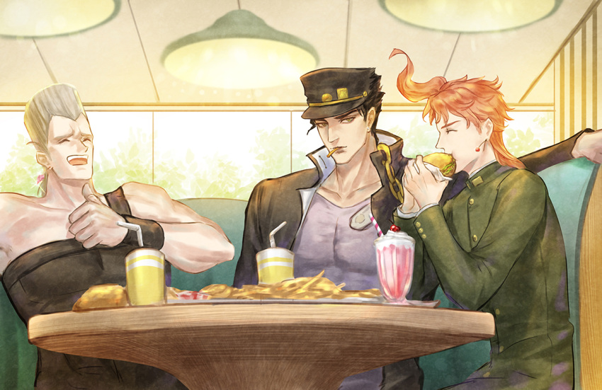 3boys cafe earrings eating food french_fries gakuran green_eyes grey_hair hat jean_pierre_polnareff jewelry jojo_no_kimyou_na_bouken kakyoin_noriaki kankito kujo_jotaro laughing male_focus milkshake multiple_boys redhead sandwich school_uniform sitting soda stardust_crusaders