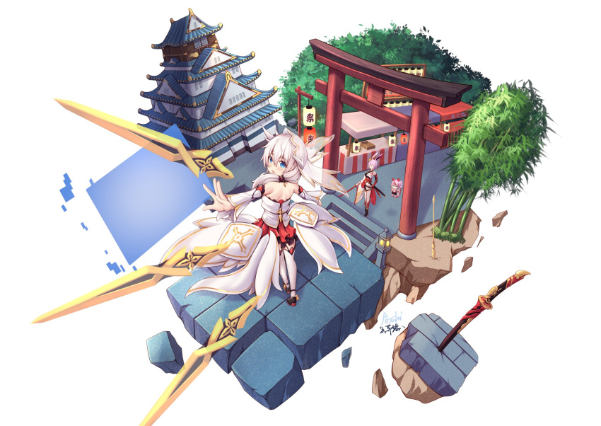 3girls :d animal_ears architecture armor back bamboo bangs blue_eyes concrete east_asian_architecture floating floating_object floating_weapon fox_ears fox_girl fox_tail full_body hair_between_eyes hair_ornament headdress highres higokumaru holding holding_sword holding_weapon honkai_(series) honkai_impact_3rd japanese_armor japanese_clothes kimono lantern looking_at_viewer looking_back multicolored_hair multiple_girls open_mouth outstretched_arm pink_hair side_ponytail simple_background smile streaked_hair sword table tail theresa_apocalypse theresa_apocalypse_(celestial_hymn) tree weapon white_background white_hair white_kimono yae_sakura yae_sakura_(flame_sakitama) yiduan_zhu