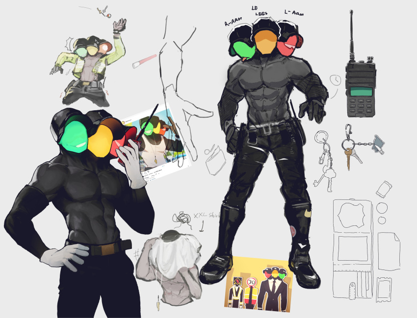 1boy absurdres arrow_(ghost_k1n) badge belt black_footwear black_jacket black_pants boots character_sheet combat_boots concept_art elbow_gloves formal ghost_k1n gloves graduation green_mask highres jacket key keychain male_focus manly multiple_heads one-eyed open_clothes open_jacket open_mouth original pants pectorals photo_(object) police police_badge police_uniform policeman red_mask shirt speed_limit_(ghost_k1n) suit tank_top topless_male traffic_light_(ghost_k1n) traffic_officer uniform utility_belt wallet white_gloves white_shirt yellow_mask