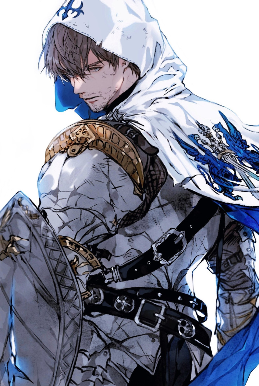 1boy armor arms_at_sides bangs belt blue_eyes breastplate brown_hair cape dirty dirty_clothes facial_hair final_fantasy final_fantasy_xiv gyulseu harness highres hood hood_up hooded_cape lips male_focus mature_male paladin_(final_fantasy) parted_lips scratches shield short_hair shoulder_armor solo stubble sword torn_cape torn_clothes warrior_of_light weapon white_cape white_hood