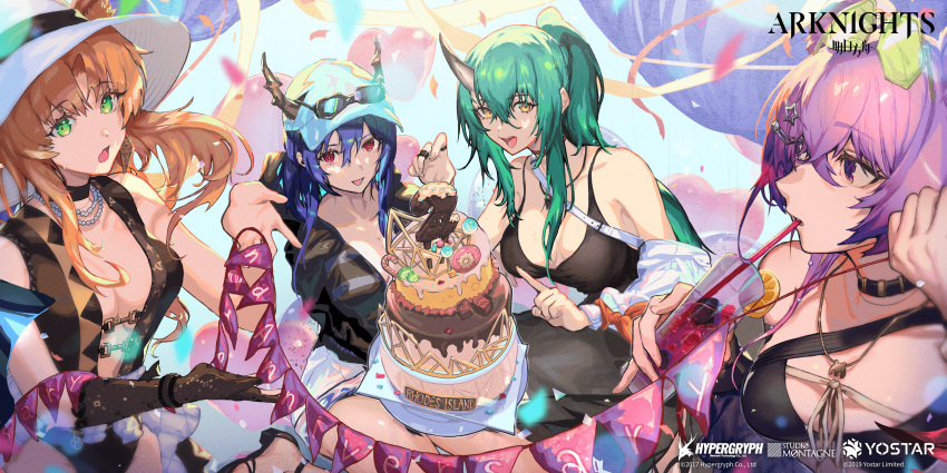 4girls absurdres arknights artist_request bangs bare_shoulders baseball_cap bikini black_bikini black_choker black_gloves black_swimsuit blonde_hair blue_hair breasts cake ch'en_(arknights) ch'en_the_holungday_(arknights) choker copyright_name eyebrows_visible_through_hair food gloves green_eyes green_hair hat highres horns hoshiguma_(arknights) large_breasts lin_yuhsia_(arknights) long_hair looking_at_viewer medium_breasts multiple_girls official_art one-piece_swimsuit open_mouth pink_hair red_eyes single_glove single_horn single_strap string_of_flags swimsuit swire_(arknights) third-party_source violet_eyes white_headwear yellow_eyes
