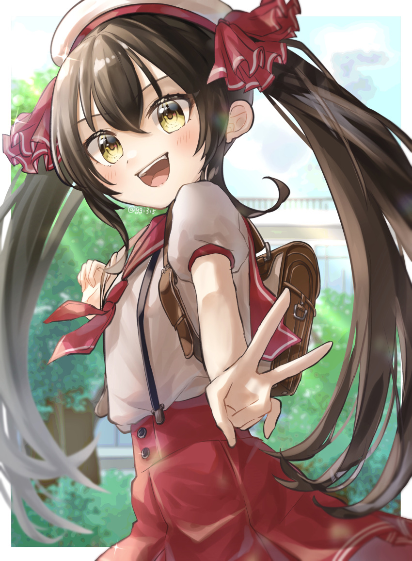 1girl absurdres backpack bag bangs black_hair brown_hair eyebrows_visible_through_hair ggi315 hat highres idolmaster idolmaster_cinderella_girls idolmaster_cinderella_girls_starlight_stage long_hair looking_at_viewer matoba_risa open_mouth outdoors school_uniform serafuku teeth tree twintails twitter_username upper_teeth v yellow_eyes