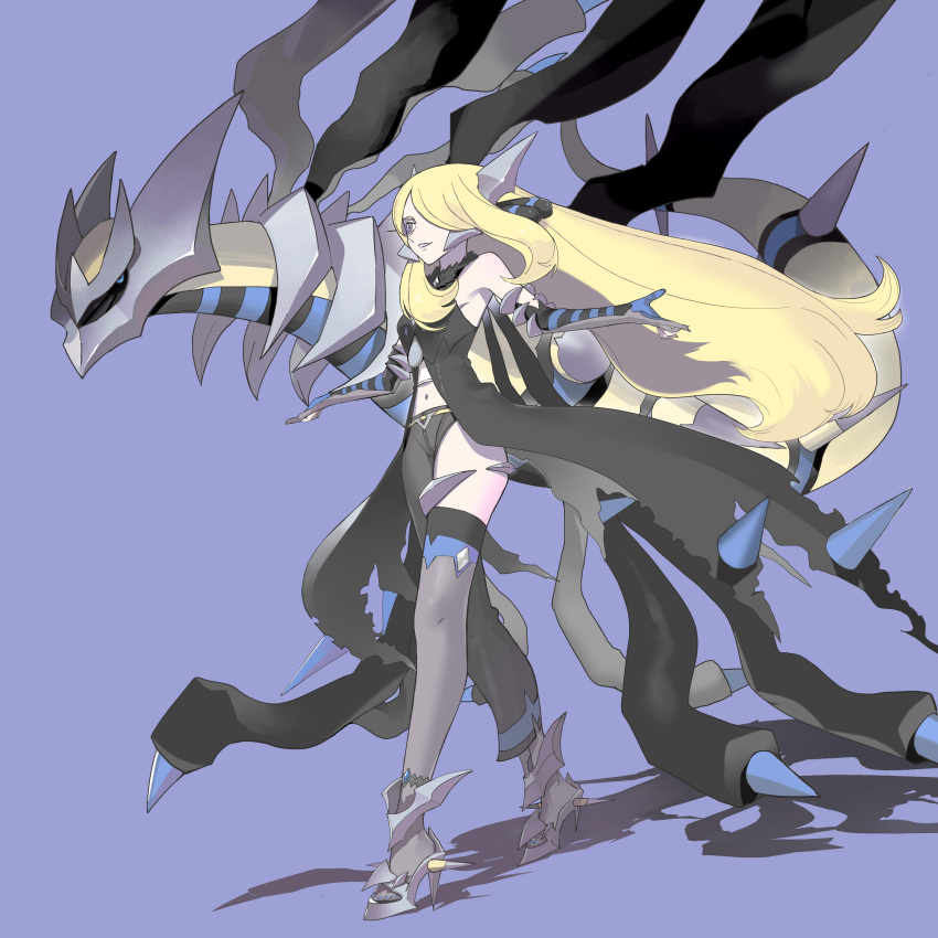 1girl absurdres alternate_costume bare_shoulders blonde_hair commentary cynthia_(pokemon) elbow_gloves floating_hair giratina giratina_(origin) gloves grey_eyes grey_footwear grey_legwear hair_ornament hair_over_one_eye high_heels highres hiro_(user_negm3832) long_hair navel parted_lips pokemon pokemon_(creature) pokemon_(game) pokemon_dppt purple_background smile standing thigh-highs torn_clothes very_long_hair