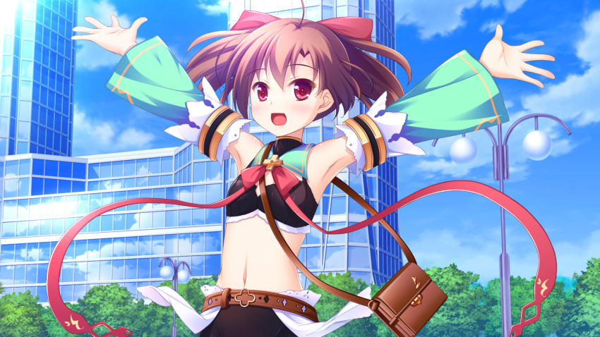 1girl :d ahoge armpits arms_up bag bangs belt black_bra blue_sky blue_sleeves bow bra brown_belt brown_hair clouds crop_top day detached_sleeves eyebrows_visible_through_hair game_cg hair_between_eyes hair_bow handbag highres kagurazaka_mei ko~cha long_hair long_sleeves midriff navel outdoors outstretched_arms red_bow red_eyes red_ribbon ribbon sky smile solo standing stomach twintails underwear wizards_complex