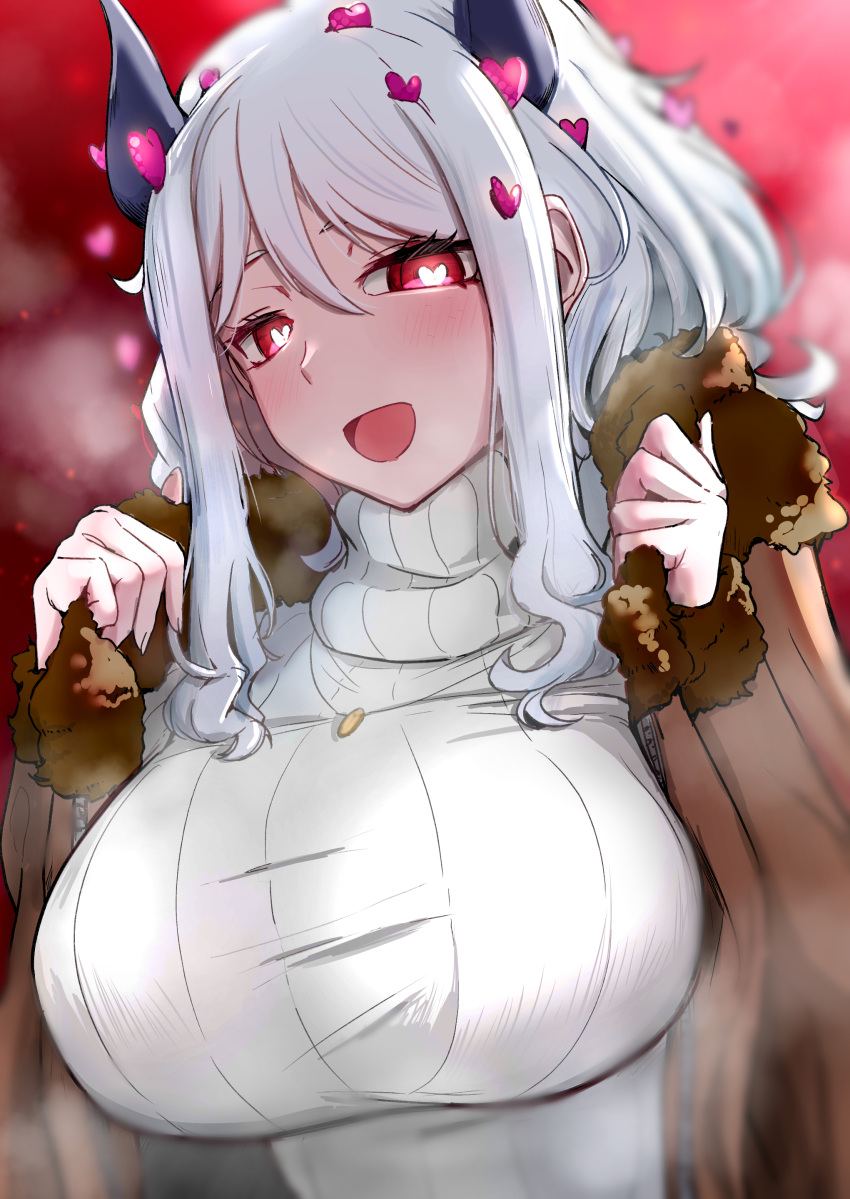 1girl absurdres blush breasts coat demon_girl demon_horns ekkusuren heart heart-shaped_pupils helltaker highres horns large_breasts looking_at_viewer modeus_(helltaker) open_mouth red_eyes ribbed_sweater short_hair smile sweater symbol-shaped_pupils white_hair