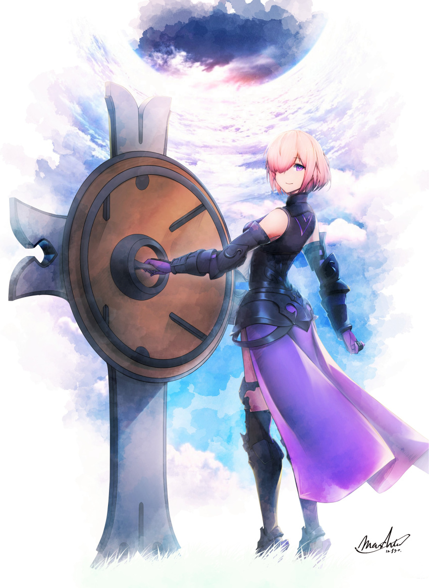 1girl armor bare_shoulders black_armor black_gloves breastplate closed_mouth clouds cloudy_sky commentary_request elbow_gloves eyebrows_visible_through_hair eyes_visible_through_hair fate/grand_order fate_(series) gloves grass hair_over_one_eye highres holding holding_shield holding_weapon iori06225400 light_purple_hair looking_at_viewer mash_kyrielight out_of_frame outdoors pov purple_eyes purple_gloves shield shielder_(fate/grand_order) short_hair two-tone_gloves weapon