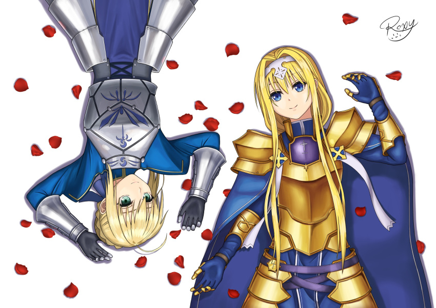2girls ahoge alice_schuberg armor armored_dress artoria_pendragon_(all) blonde_hair blue_eyes blue_ribbon breastplate breasts cleavage_cutout clothing_cutout crossover eyebrows_visible_through_hair fate/grand_order fate/stay_night fate_(series) gauntlets green_eyes hair_between_eyes hair_bun hair_ribbon holding holding_weapon juliet_sleeves long_hair long_sleeves looking_at_viewer medium_breasts nekodaruma_new puffy_sleeves ribbon roxy_vz saber shoulder_armor simple_background sword sword_art_online weapon
