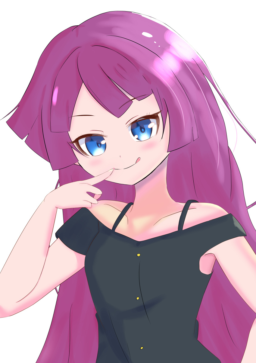 1girl absurdres alternate_breast_size bangs black_shirt blue_eyes blush breasts hand_on_hip highres kirishima_romin long_hair looking_at_viewer open_mouth purple_hair shirt sidelocks simple_background solo tail_(pixiv16530797) very_long_hair white_background yu-gi-oh! yu-gi-oh!_sevens yuu-gi-ou yuu-gi-ou_sevens