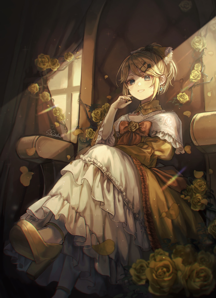 1girl absurdres aku_no_musume_(vocaloid) bangs blonde_hair blue_eyes blush bow choker crossed_legs curtains diffraction_spikes dress dress_bow dress_flower earrings evillious_nendaiki flower frilled_dress frilled_sleeves frills hair_bow hair_ornament hairclip hand_on_own_cheek hand_on_own_face high_heels highres jewelry kagamine_rin light_rays orange_bow petals petticoat project_sekai riliane_lucifen_d'autriche rose sepia shinku shinku_(user_vvsh7744) signature smile solo swept_bangs thorns throne throne_room updo vocaloid white_legwear window yellow_bow yellow_dress yellow_flower yellow_nails yellow_rose