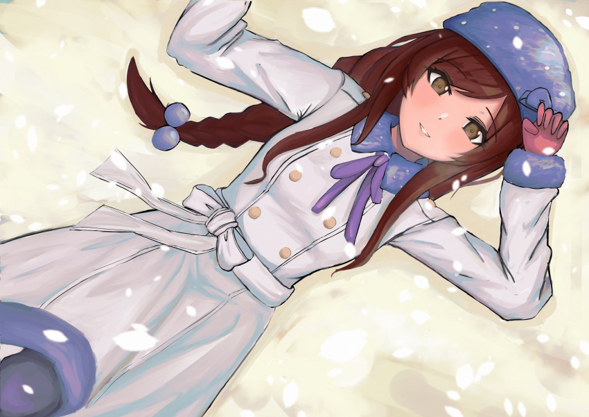 1girl absurdres bangs blush brown_hair closed_mouth coat eyebrows_visible_through_hair fur_collar fur_hat fur_trim gloves hat highres idolmaster idolmaster_shiny_colors long_hair long_sleeves looking_at_viewer okayu_tabetai oosaki_amana pink_gloves smile solo swept_bangs white_coat white_headwear winter_clothes yellow_eyes