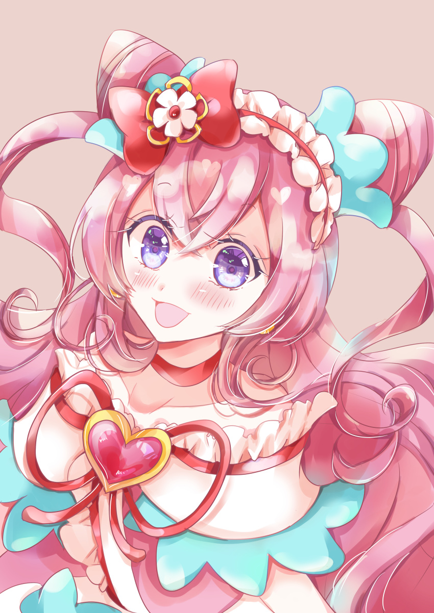 1girl :d blush choker commentary_request cure_precious delicious_party_precure earrings eyelashes hair_ornament hair_ribbon happy highres jewelry long_hair magical_girl nagomi_yui open_mouth pink_choker pink_hair pink_theme precure purple_eyes ribbon shimaena33 simple_background sketch smile solo