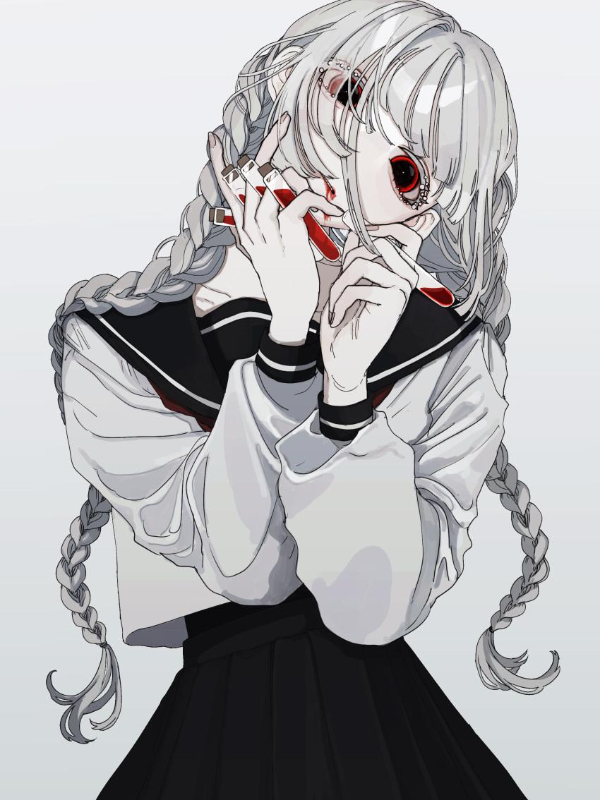 1girl absurdres blood blood_on_face braid colored_skin head_tilt highres looking_at_viewer original red_eyes suikaaisu test_tube twin_braids white_hair white_skin