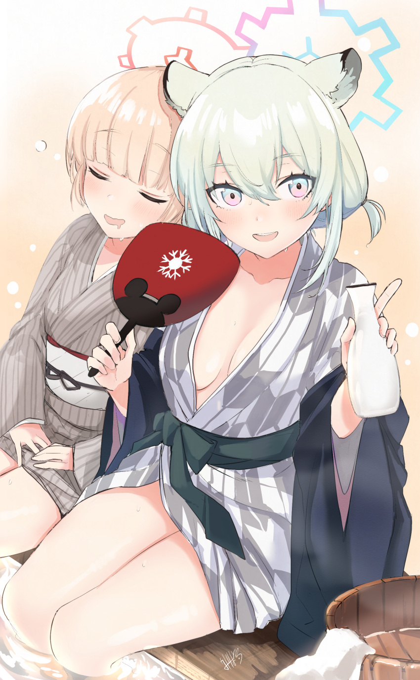 2girls absurdres animal_ears bangs blonde_hair blue_archive blunt_bangs blush bottle breasts bucket closed_eyes commentary_request drooling emirio_(emirio110) green_eyes halo hand_fan highres holding holding_bottle holding_fan japanese_clothes kimono looking_at_viewer low_twintails medium_breasts mouth_drool multiple_girls nodoka_(blue_archive) obi onsen parted_lips sash shigure_(blue_archive) short_twintails sitting thighs twintails water wide_sleeves yukata
