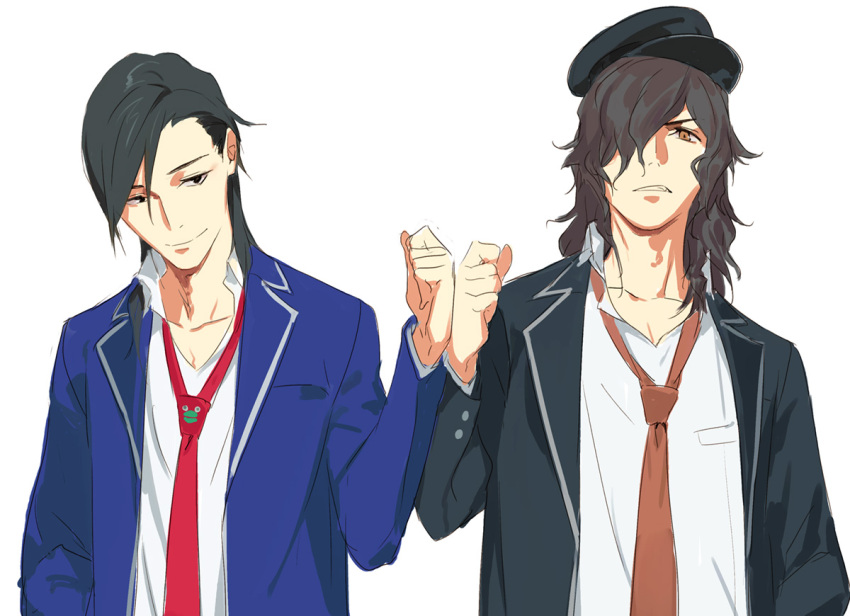 2boys bangs black_hair fate/grand_order fate_(series) fist_bump hair_over_one_eye hat long_hair long_sleeves male_focus multiple_boys necktie okada_izou_(fate) open_mouth pako red_necktie sakamoto_ryouma_(fate) shirt white_shirt