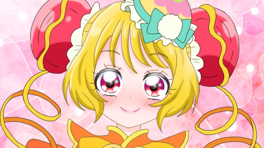 1girl anothe_man blonde_hair commentary cure_yum-yum delicious_party_precure drill_hair eyelashes hair_ornament hanamichi_ran highres looking_at_viewer magical_girl pink_eyes precure simple_background sketch solo twintails