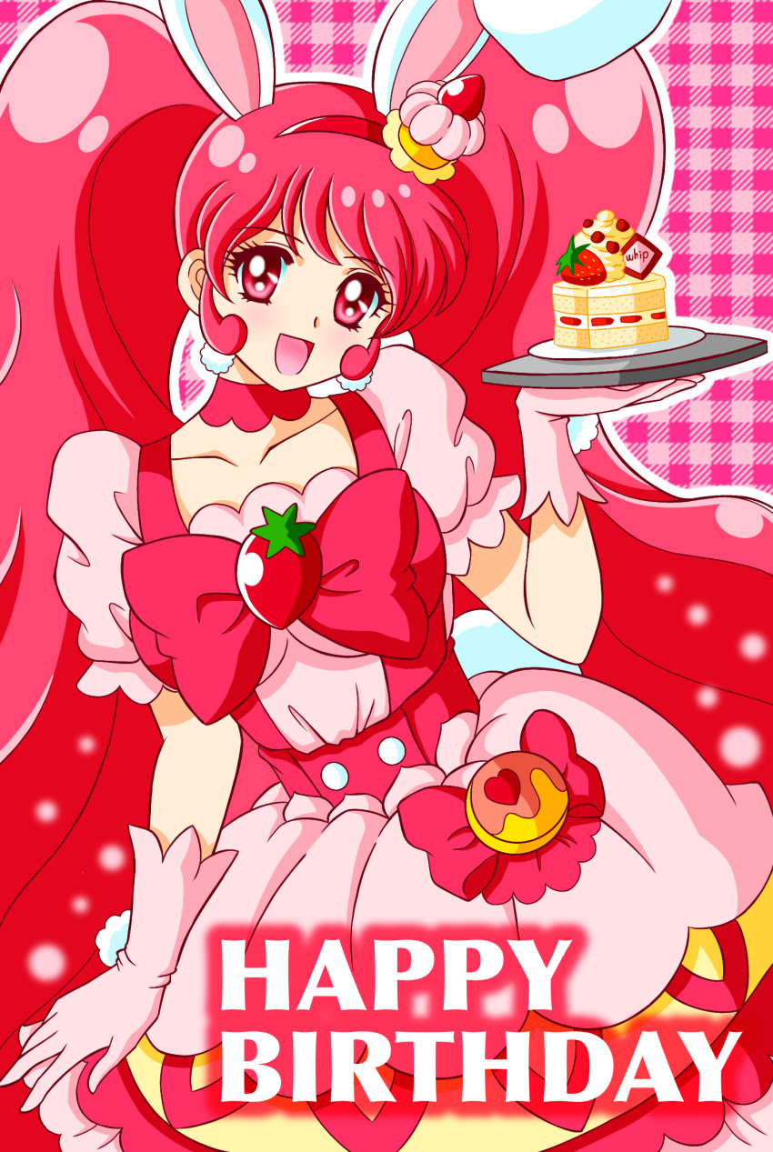 1girl :d animal_ears breasts cake choker collarbone commentary cure_whip dress english_text extra_ears eyebrows_visible_through_hair food frilled_dress frills gloves hair_ornament happy_birthday highres holding holding_plate kirakira_precure_a_la_mode magical_girl nagaigoz open_mouth pink_gloves plate precure puffy_short_sleeves puffy_sleeves rabbit_ears red_choker red_eyes redhead short_sleeves smile solo strawberry_shortcake twintails usami_ichika