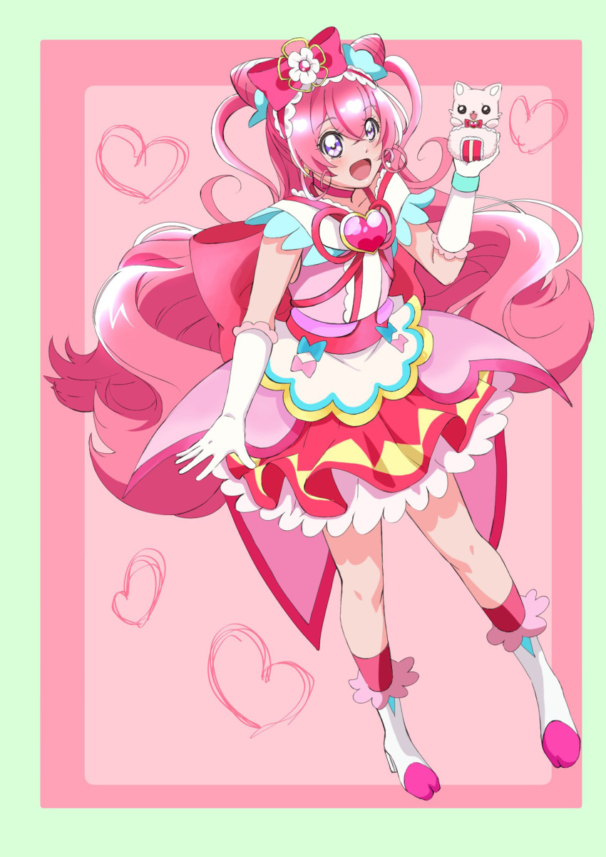 1girl :d blush choker commentary_request cure_precious delicious_party_precure earrings eyelashes hair_ornament hair_ribbon happy highres jewelry kakisaki_minami kome-kome_(precure) long_hair magical_girl nagomi_yui pink_choker pink_hair pink_theme precure ribbon simple_background sketch smile solo violet_eyes