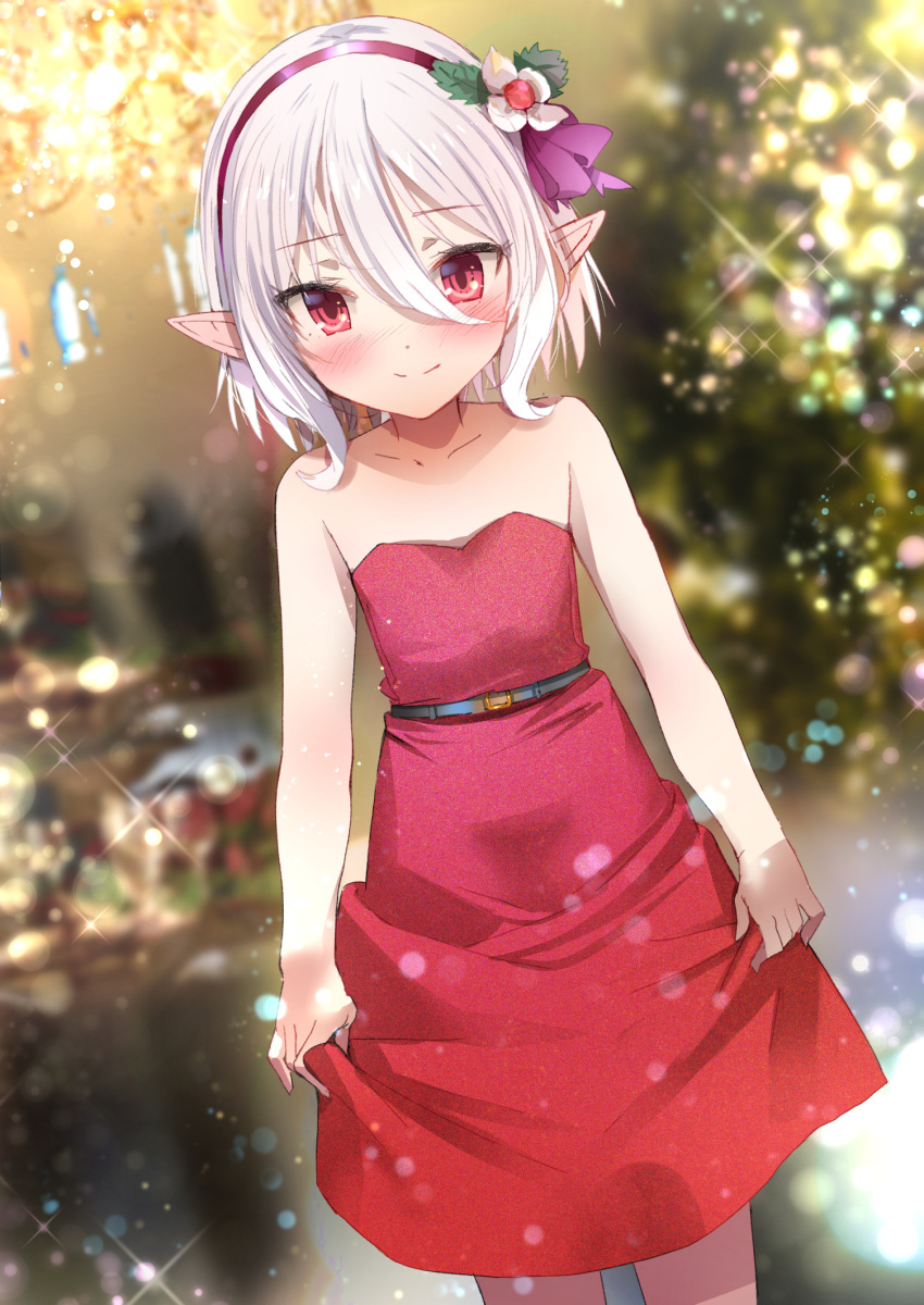 1girl blurry blurry_background blush christmas closed_mouth dress dutch_angle flower hair_flower hair_ornament highres kokkoro_(princess_connect!) looking_at_viewer natsushima_memo pointy_ears princess_connect! red_dress red_eyes short_hair smile solo strapless strapless_dress