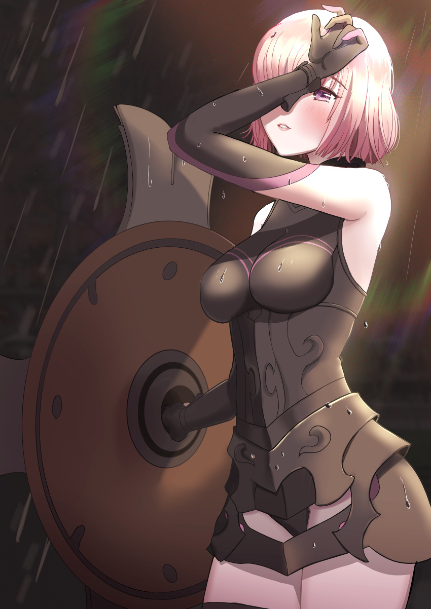 1girl armor bare_shoulders black_armor black_gloves breastplate closed_mouth clouds cloudy_sky commentary_request elbow_gloves eyebrows_visible_through_hair eyes_visible_through_hair fate/grand_order fate_(series) gloves grass hair_over_one_eye highres holding holding_shield holding_weapon light_purple_hair looking_at_viewer mash_kyrielight mountain out_of_frame outdoors pov purple_eyes purple_gloves sayuui shield shielder_(fate/grand_order) short_hair two-tone_gloves weapon