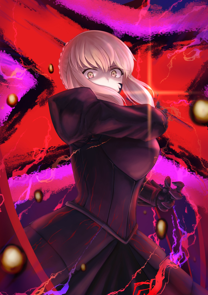1girl absurdres artoria_pendragon_(all) artoria_pendragon_(fate) bangs black_dress black_ribbon blonde_hair braid closed_mouth commentary_request dark_excalibur dress excalibur_morgan_(fate) fate/grand_order fate/stay_night fate_(series) french_braid from_below fuwatoromonta gothic_lolita hair_bun highres holding holding_sword holding_weapon juliet_sleeves lolita_fashion long_sleeves looking_at_viewer okuma707 puffy_sleeves ribbon saber_alter sidelocks sword weapon yellow_eyes