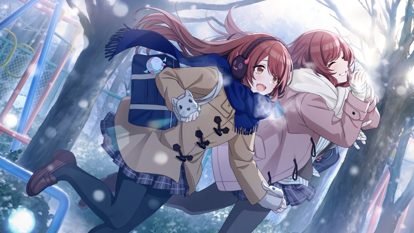 2girls absurdres alternate_costume beanie black_sweater blush_stickers boots cabbie_hat doyagao earmuffs full_body highres idolmaster idolmaster_shiny_colors jacket jacket_partially_removed looking_at_viewer multiple_girls official_art oosaki_amana oosaki_tenka padded_coat padded_jacket plaid plaid_scarf scarf siblings simple_background sisters smug straight_hair striped striped_sweater sweater thigh-highs thigh_boots twins