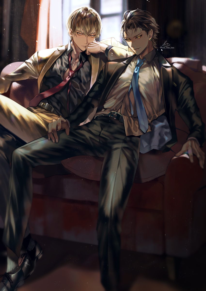 2boys bangs belt belt_buckle black_footwear black_jacket black_pants black_shirt brown_hair buckle couch curtains dark-skinned_male dark_skin earrings fate/grand_order fate_(series) feet_out_of_frame formal full_body gilgamesh_(fate) highres jacket jewelry looking_at_viewer male_focus multiple_boys on_couch ozymandias_(fate) pants sakura_hitsuji shirt shoes short_hair signature sitting suit twitter_username unbuttoned unbuttoned_shirt white_jacket white_pants white_shirt window yellow_eyes
