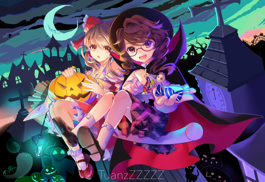 2girls album_cover black_cat bow broom broom_riding brown_hair candy cat cloak clock clock_tower cover crescent_moon fedora food glasses hair_bow hakurei_reimu halloween hat highres moon multiple_girls night nontraditional_miko oil_lamp outdoors plaid plaid_skirt plaid_vest red_bow red_skirt red_vest school_uniform short_twintails skirt touhou tower tuanz twintails usami_sumireko vest