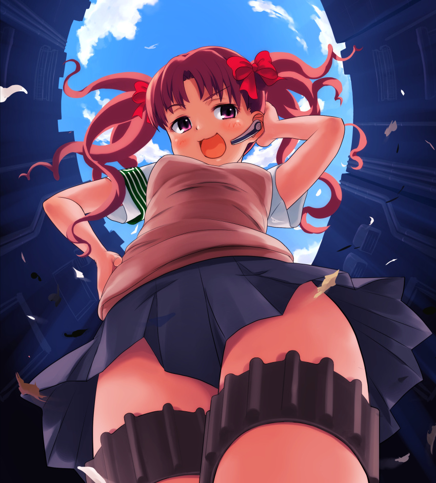 1girl :3 armband bangs blue_skirt blush bow breasts brown_vest building clouds cowboy_shot day earpiece eyebrows_visible_through_hair flipped_hair from_below hair_bow hair_ornament hand_on_ear hand_on_hip highres long_hair looking_at_viewer miniskirt open_mouth outdoors parted_bangs pink_eyes pleated_skirt red_bow redhead shirai_kuroko shirt short_sleeves skirt sky small_breasts solo standing thigh_strap toaru_kagaku_no_railgun toaru_majutsu_no_index twintails v-shaped_eyebrows vest white_shirt yonabe