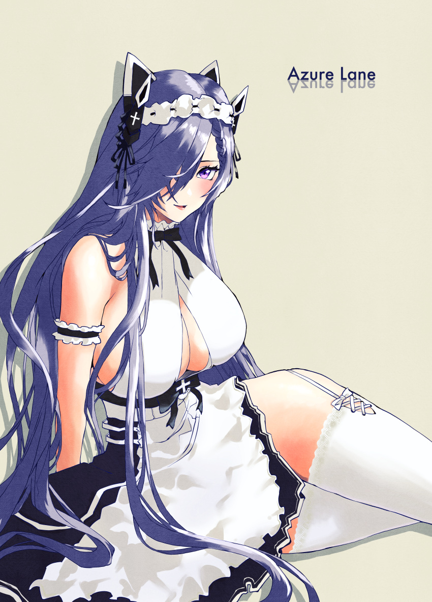 1girl absurdres apron august_von_parseval_(azur_lane) august_von_parseval_(the_conquered_unhulde)_(azur_lane) azur_lane bare_shoulders black_dress breasts center_opening curled_horns dress garter_straps grey_background hachi5art hair_over_one_eye highres horns large_breasts long_hair mechanical_horns official_alternate_costume purple_hair simple_background sitting sleeveless sleeveless_dress solo thigh-highs two-tone_dress very_long_hair violet_eyes white_apron white_dress white_garter_straps white_legwear