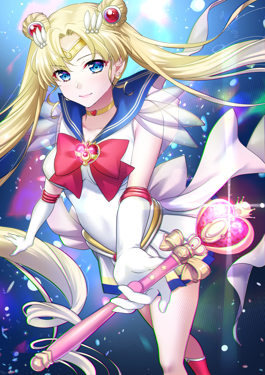 1girl arms_up bishoujo_senshi_sailor_moon bishoujo_senshi_sailor_moon_crystal blonde_hair blue_eyes blush bow brooch butterfly choker crescent double_bun elbow_gloves gloves hair_ornament hikaru_(gevp7588) jewelry long_hair magical_girl pleated_skirt red_bow red_choker revision sailor_moon school_uniform serafuku skirt solo star super_sailor_moon tsukino_usagi twintails very_long_hair white_gloves