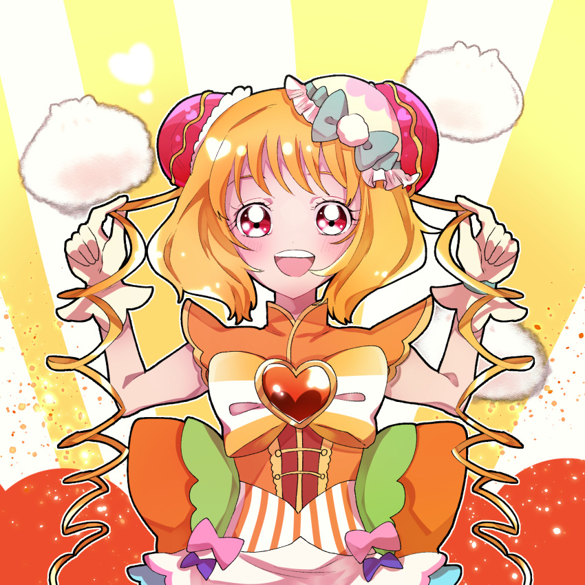 1girl blonde_hair commentary cure_yum-yum delicious_party_precure drill_hair eyelashes hair_ornament hanamichi_ran highres looking_at_viewer magical_girl pink_eyes precure simple_background sketch solo tetorapo3 twintails